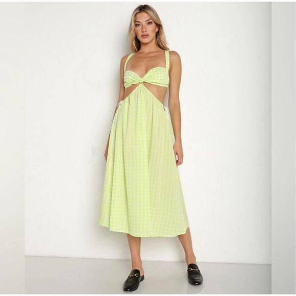 NWT For Love & Lemons Maureen Green & White Gingham Midi Dress Size Small - Picture 1 of 11